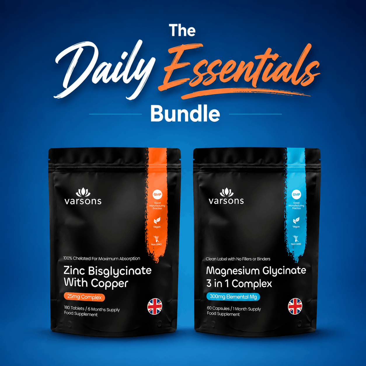 Varsons Daily Essentials Bundle – Magnesium 3-in-1 Complex with L-Leucine + Zinc Bisglycinate with Copper – Supports Sleep, Muscle & Immunity