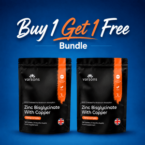Varsons Zinc Bisglycinate 25mg with Copper Buy 1 Get 1 Free | Supports Immune System, Skin, Hair & Nails | 6 Months Supply | Magnesium Stearate-Free